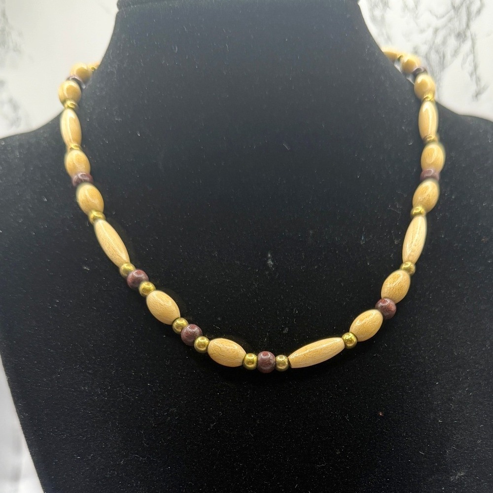 Vintage Wooden Bead Necklace 15" Natural Wood Earthy Rustic Jewelry